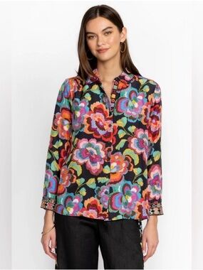 Johnny Was Workshop Calanthe Button Down 100% Silk Floral Blouse